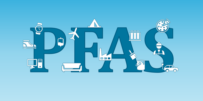 Eine Grafik mit dem Begriff PFAS. PFAS werden wegen ihrer einzigartigen Kombination an Eigenschaften in verschiedensten Produkten und Prozessen eingesetzt.