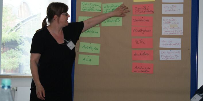 Teilnehmerin zeigt an einer Moderationswand auf einzelne Moderationskarten.