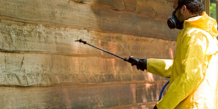 Mann in Schutzkleidung bringt Holzschutzmittel auf einer Holzwand auf