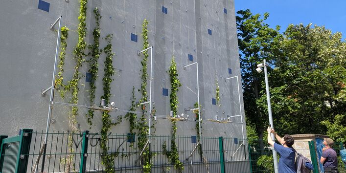 Begrünte Hausfassade mit Kletterpflanzen und mehreren an der Wand angebrachten Sensoren und Messgeräten. Das Foto entstand während der Exkursion „Lebendige Wände“ in Leipzig.