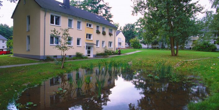 Regenweiher vor einem Wohnhaus