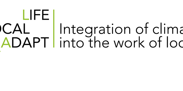 Logo Life Local Adapt stellt links schematisch einen grünen Gekko auf einem Ast dar. Der Schriftzug befindet sich auf der rechten Seite.
