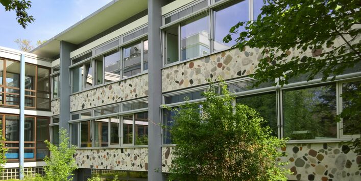 Fensteransicht eines flachen Schulgebäudes mit großen Fenstern aus der Nähe. Büsche und kleine Bäume wachsen vor der Fensterfront.