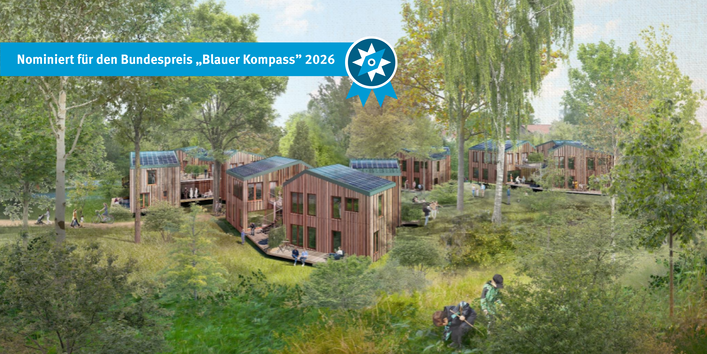 Das Bild zeigt Visualisierungen des Projekts „kleinerWohnen@Land". Die Wohnungen mit kleinen Grundrissen sind eingebettet in das natürliche Grün, die Flächen sind größtenteils unversiegelt.