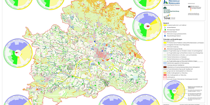 Kartendarstellung von Nordhausen, in der Bereiche unterschiedlich farbig gekennzeichnet sind, um unterschiedliche Möglichkeiten der Klimaanpassung darzustellen. Um die Karte herum sind Kreise abgebildet, in denen von der Mitte ausgehend ausgeschöpftes, empfohlenes und maximales Potential zur Klimaanpassung der unterschiedlichen Teile des Kreises Nordhausen gezeigt werden.