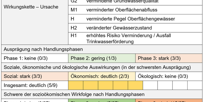 Die Abbildung zeigt exemplarisch den Steckbrief einer im Projekt entwickelten sozioökonomischen Wirkfolge. Neben einer inhaltlichen Beschreibung werden auch die möglichen Ausprägungen sowie die resultierenden sozioökonomischen Auswirkungen beschrieben.