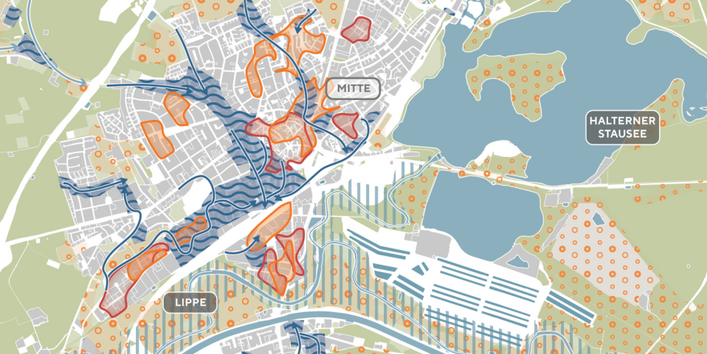 Bildausschnitt der Hotspot-Karte für die Halterner Stadtmitte, die insbesondere auf Überflutungsbereiche und Hitzebereiche hinweist.