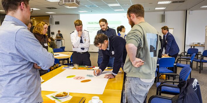 Das Bild zeigt Teilnehmende eines Workshops bei der Arbeit im World Café-Format.