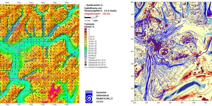 2 Karten der Stadt Zweibrücken mit Kaltlufthöhe und Strömungsfeld, 