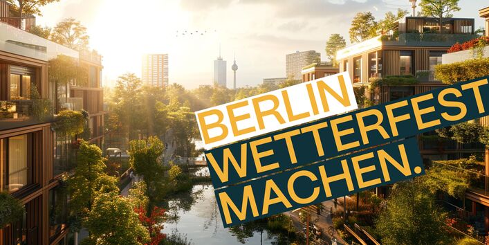 Das Bild zeigt die Vision eines begrünten Berlins: Moderne Holzhäuser mit Bäumen auf Balkonen und Dächern vor der Silhouette des Berliner Fernsehturms im Sonnenuntergang. Mittig der Text auf gelben Balken: BERLIN WETTERFEST MACHEN.