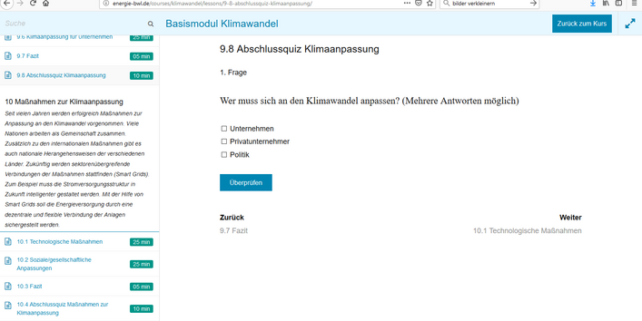 Screenshot Basismodul Quiz Klimawandel mit der Frage: Wer muss sich an den Klimawandel anpassen ?