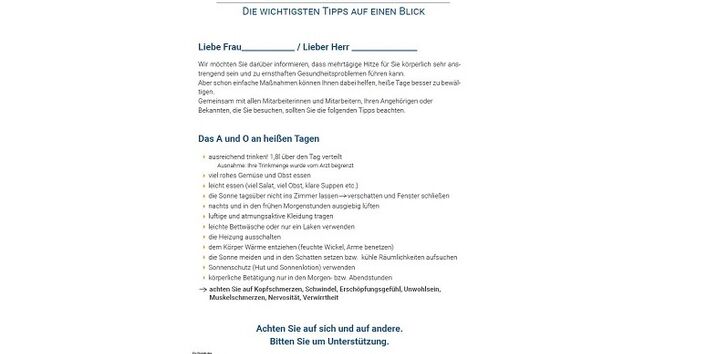 Dargestellt wird ein Infoschreiben an die Bewohner:innen stationärer Altenpflegeeinrichtungen, sodass sie über die gesundheitlichen Folgen und wichtige Präventionsmaßnahmen in Kenntnis gesetzt werden.