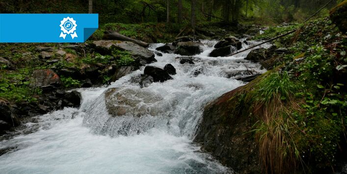 Titelbild mit Nominiertenfahne, rauschender Bach im Wald.