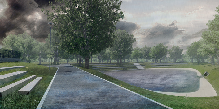Eine Visualisierung eines Gehweges in einem Park. Es regnet stark. Rechts vom Weg ist eine flächige Bodenvertiefung, die sich mit Regen füllt.