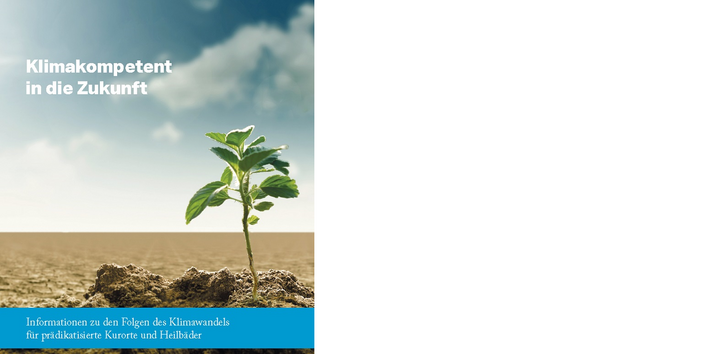 Auf dem Cover der Informationsbroschüre mit dem Titel "Klimakompetent in die Zukunft" ist ein grünblättriger Baumtrieb in bloßer Erde abgebildet.