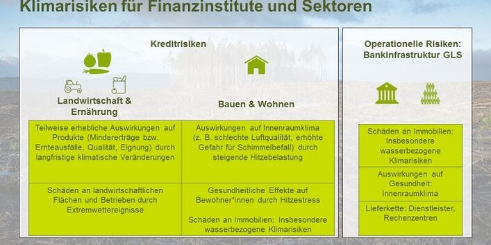 Graphische Darstellung in Grüntönen gehalten, der Text steht in Textboxen zum Thema:  Klimarisiken für Finanzinstitute und Sektoren