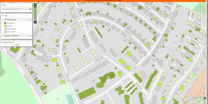 Schematische Darstellung einer Stadt von oben. Die begrünten Dächer sind in verschiedenen Grünnuancen dargestellt.