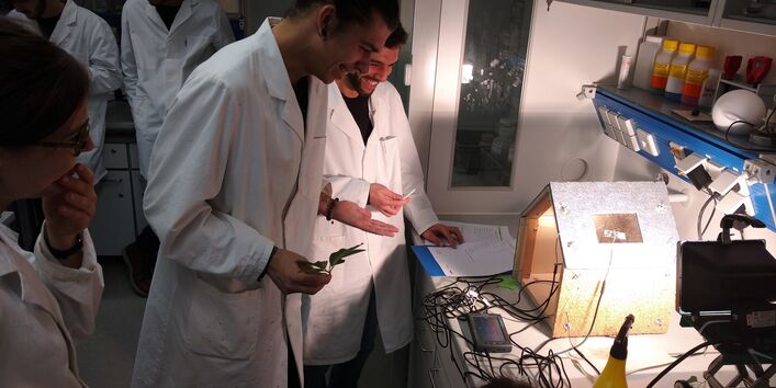 In einem Labor stehen mehrere Auszubildene vor einem Hausmodell, das verkabelt ist. Der Raum ist abgedunkelt, nur das Modellhaus wird beleuchtet.