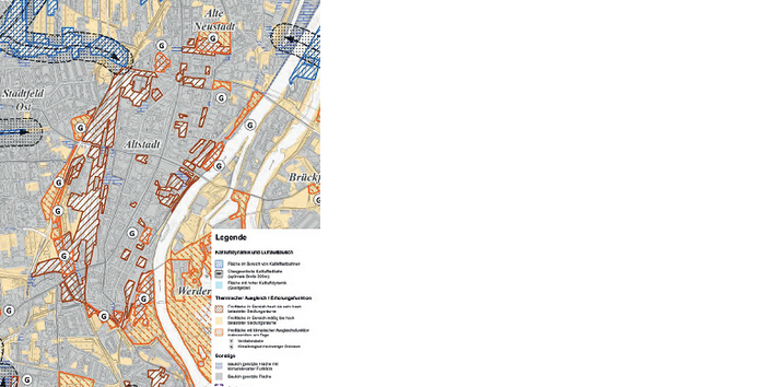 Eine Karte des Altstadt Magdeburgs, in der mit Farben und Schraffuren Kaltluftschneisen und klimatische Ausgleichstrukturen markiert sind.