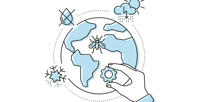 Grafische Darstellung der Erde in blau weiß. Eine grafische Hand hält das Symbol eines Stellrädchens zwischen Daumen und Zeigefinger.