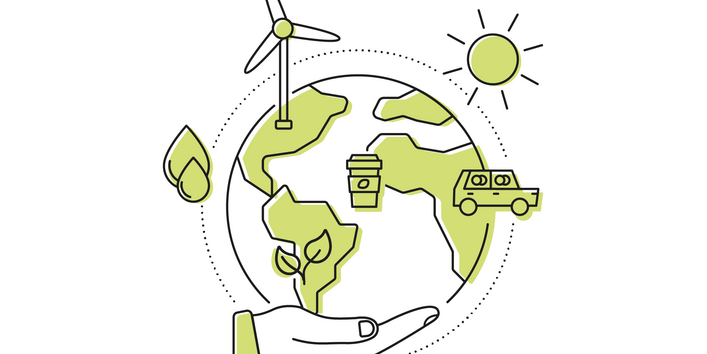 Grafische Darstellung der Erde in grün weiß. Eine grafische Hand hält behutsam die Erde in der Hand.