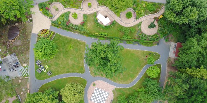Aus der Vogelperspektive ist der Hauptplatz mit Schachfeld zu erkennen, sowie der angelegte Weg durch die Beete.
