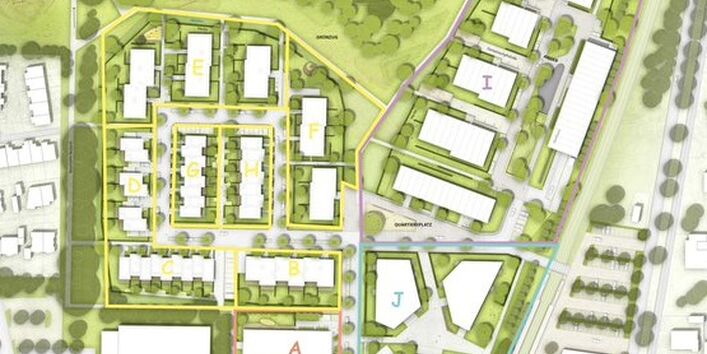 geplantes Baugebiet von oben visualisiert, welches in 4 Bereiche aufgeteilt ist