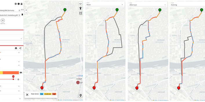 Das Bild zeigt eine Beispielroute in Heidelberg zu verschiedenen Tageszeiten mit unterschiedlichen Hitzebelastung entlang der Routen.