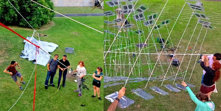 Fotomontage zweier Bilder. Mehrere Personen bauen die Solar Spline-Konstruktion auf.