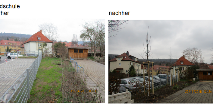 Die Baumpflanzungen am Standort Südschule wird durch den Vergleich von "Vorher-Nachher-Bildern" verdeutlicht