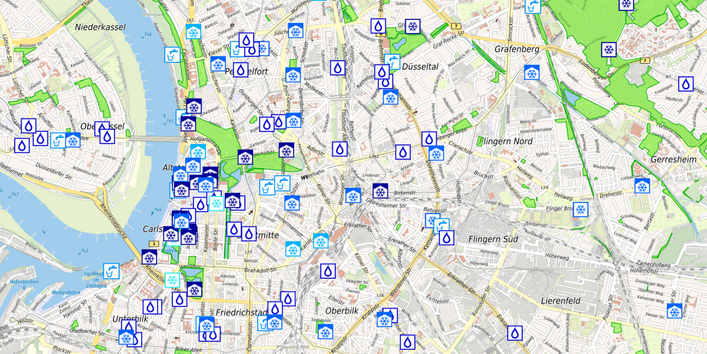 Kartenausschnitt der Düsseldorfer Karte der kühlen Orte