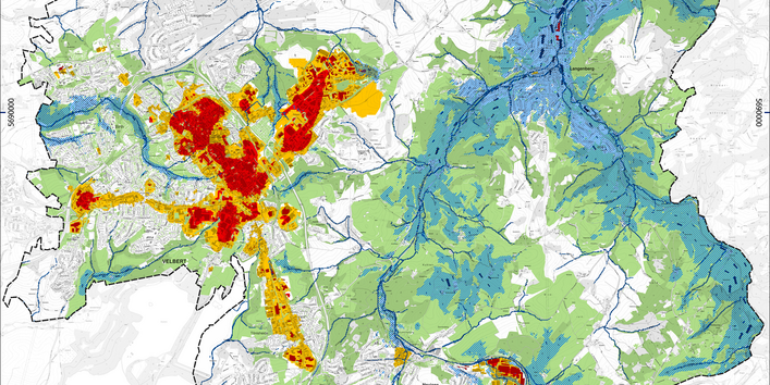Farbig dargestellte Handlungszonen aus dem Klimafolgenanpassungskonzept der Stadt Velbert.