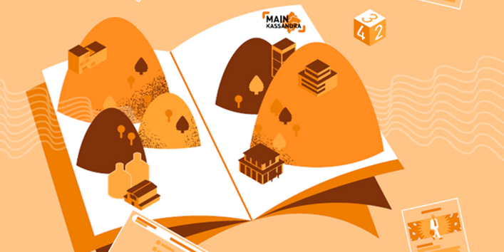 Das Planspiel MainKassandra ist in Orangetönen mit abgesetzt weißer Farbe gestaltet.