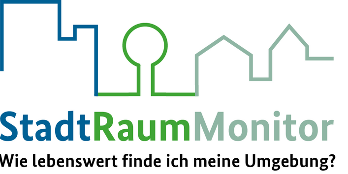 Logo des Projekts Stadt Raum Monitor. Stilistische Darstellung einer Stadtkulisse mit Schriftzug in blau, grün.