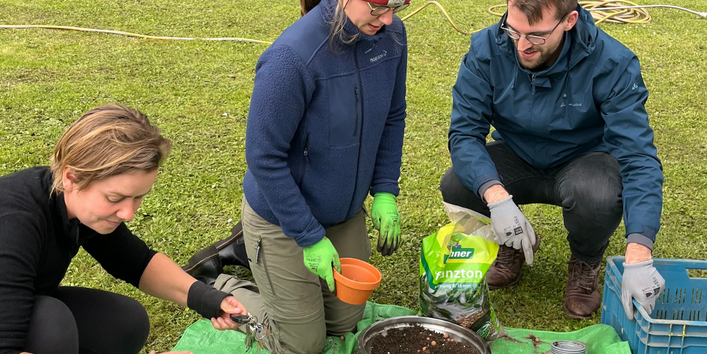 Workshopteilnehmende topfen hockend Sedumspflanzen ein. Als Arbeitsfläche dient eine grüne Plane auf dem Rasen.