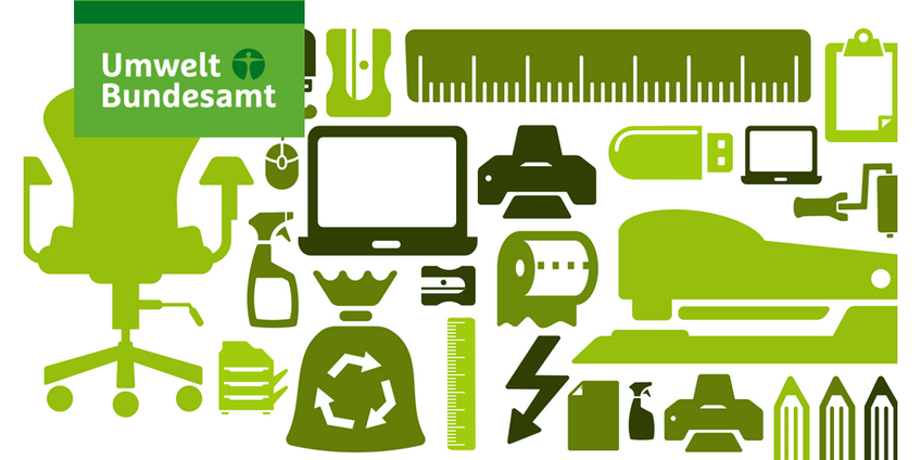 Das Einstiegsbild für den Newsletter zeigt das Logo des Umweltbundesamtes und Icons von Beschaffungsgegenständen