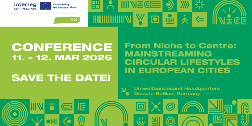 Logo der NiCE Konferenz: From niche to centre city centers as places of circular lifestyles.